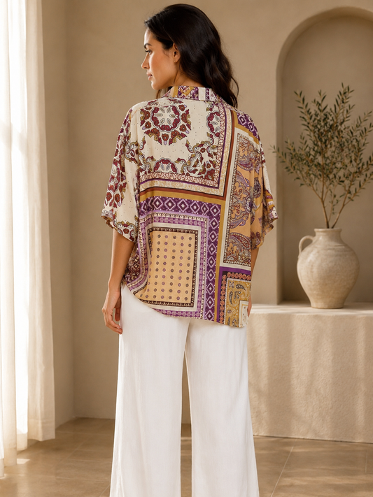 Italian Patchwork Tie-Front Blouse
