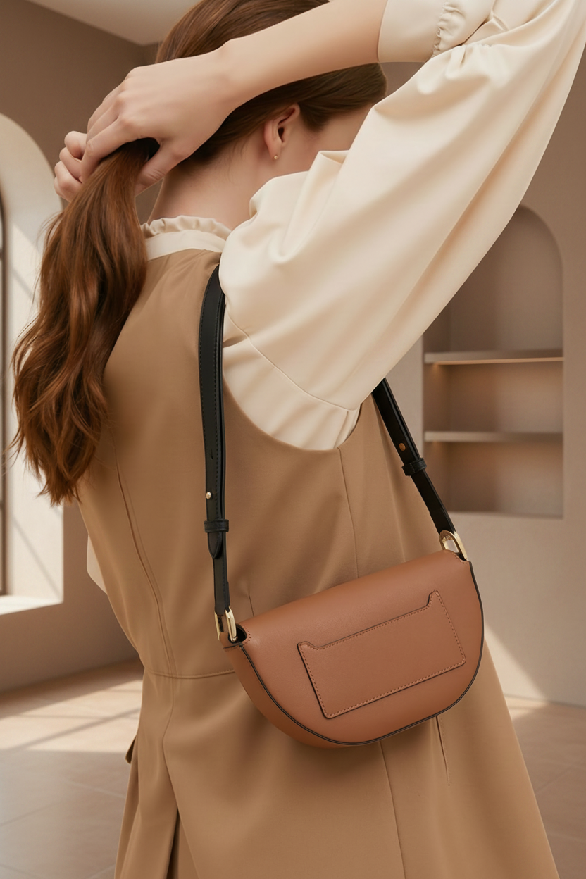Italian Leather Saddle Crossbody-Cappuccino Brown