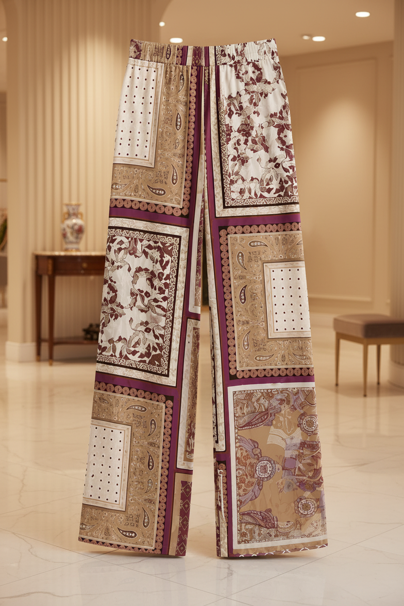 A pair of wide-leg trousers featuring a patchwork print of various traditional-inspired motifs, including paisley, floral, and geometric designs in beige, brown, and deep burgundy.