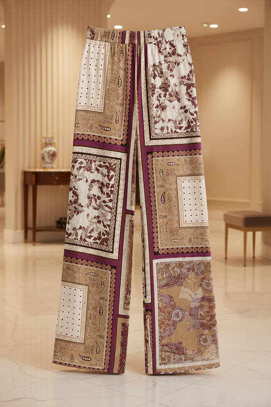 A pair of wide-leg trousers featuring a patchwork print of various traditional-inspired motifs, including paisley, floral, and geometric designs in beige, brown, and deep burgundy.