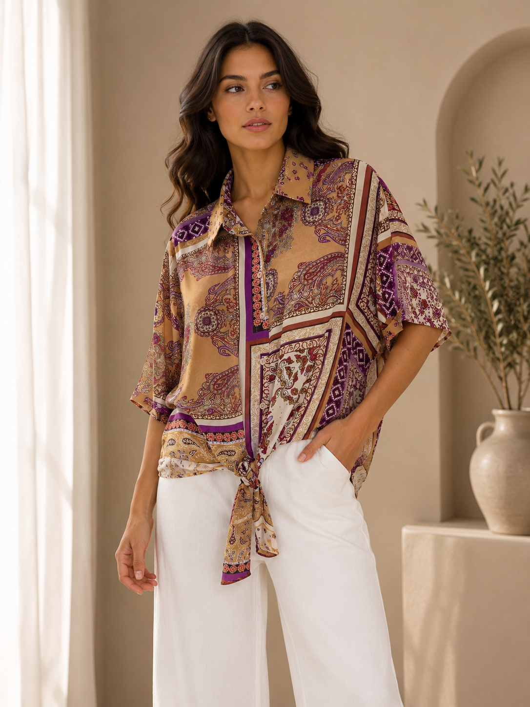 Italian Patchwork Tie-Front Blouse