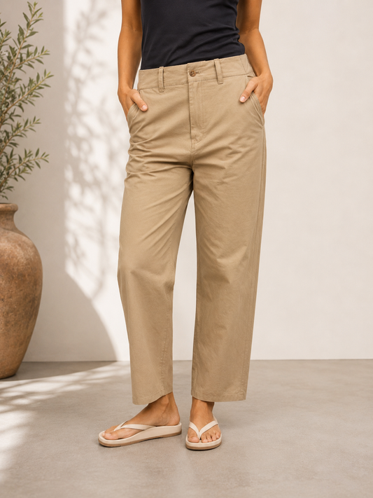 Mid-Rise Cotton Trousers – Sand
