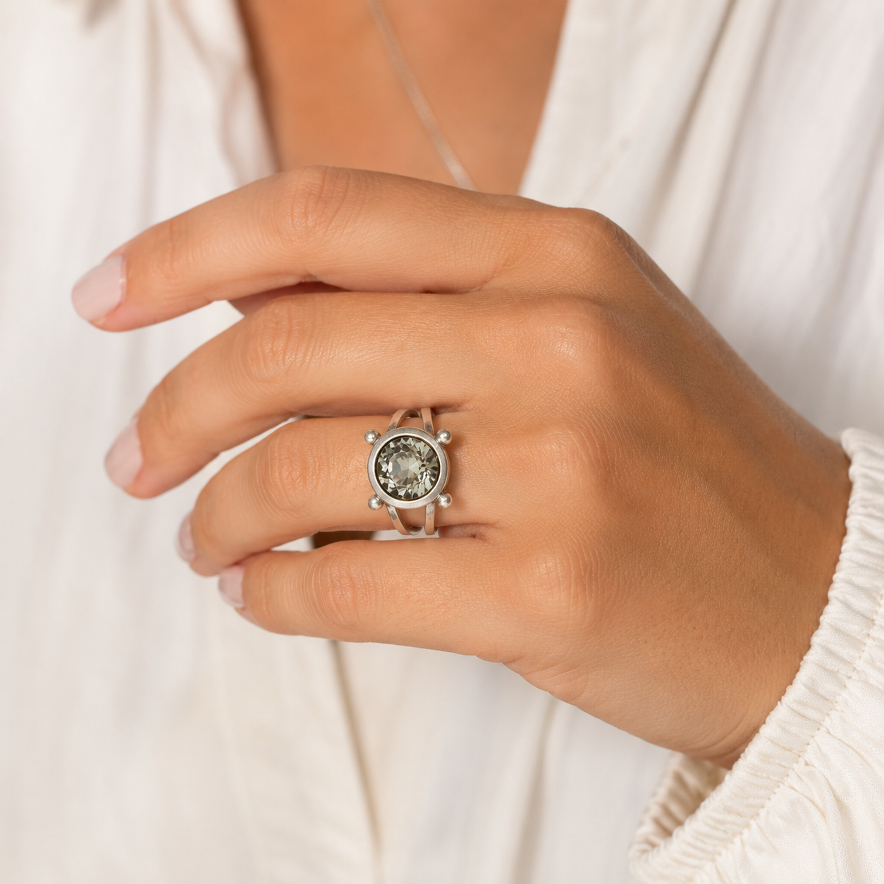 Silver-Plated Crystal Statement Ring