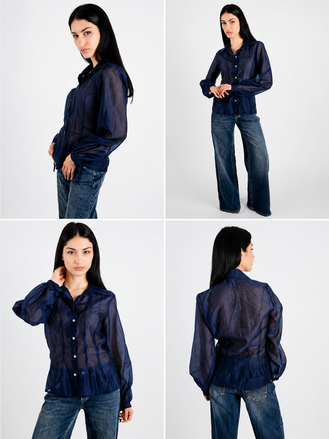 Sheer Fitted Lyocell Blouse- Navy