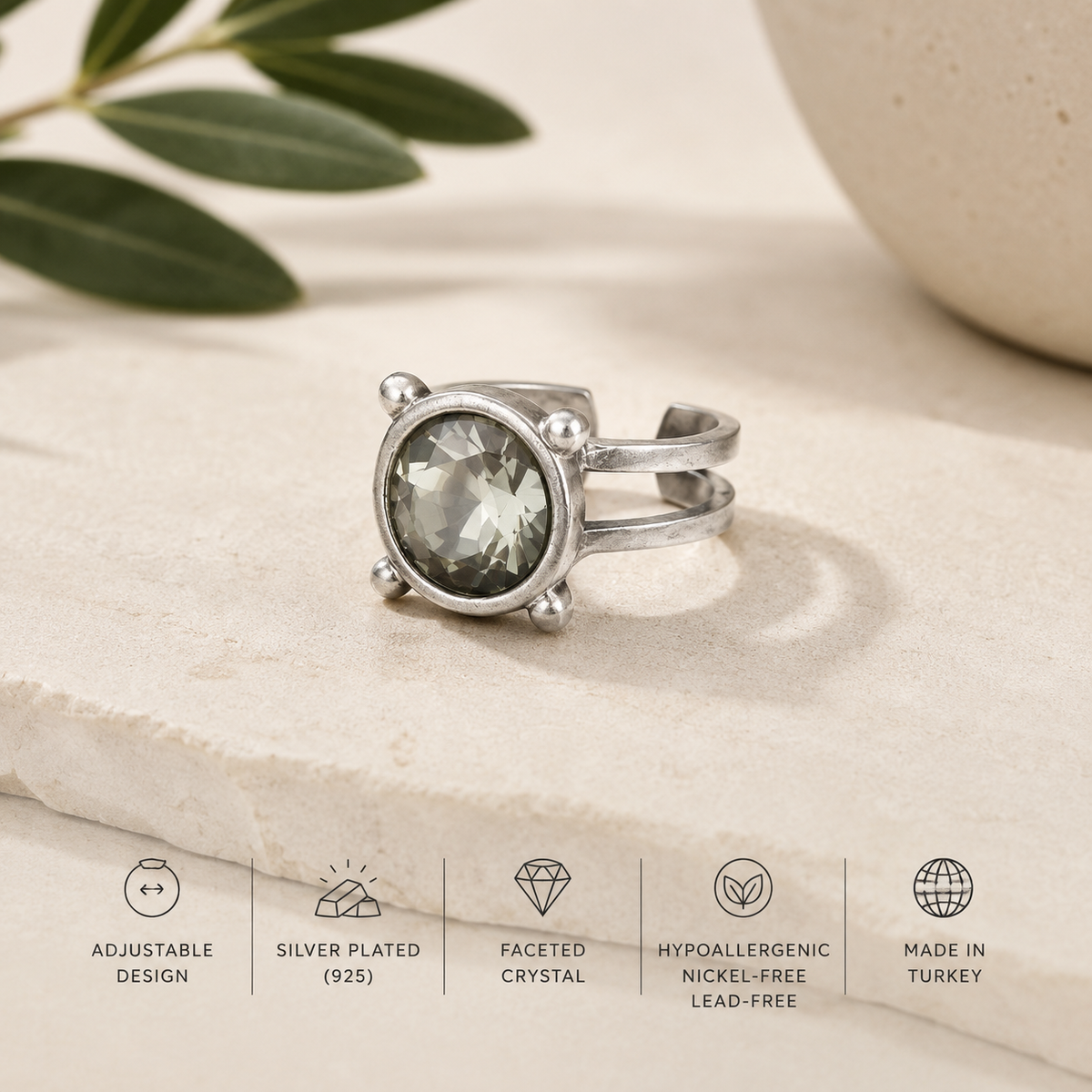 Silver-Plated Crystal Statement Ring