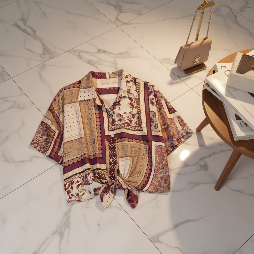 Italian Patchwork Tie-Front Blouse
