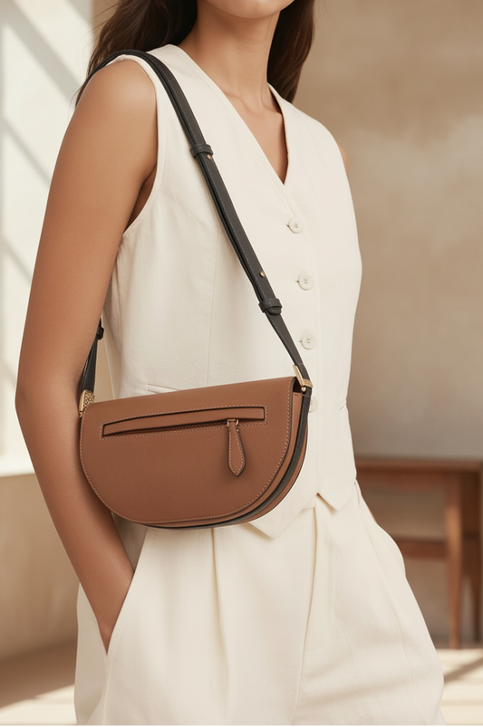 Italian Leather Saddle Crossbody-Cappuccino Brown