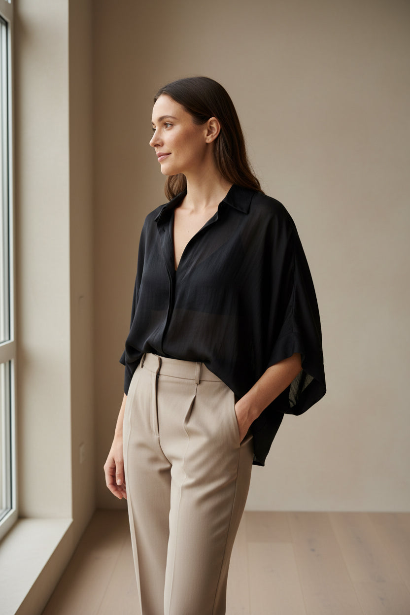 Oversized Sheer  Blouse-Black