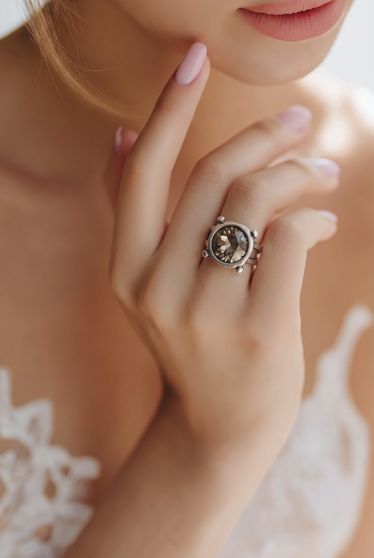 Silver-Plated Crystal Statement Ring