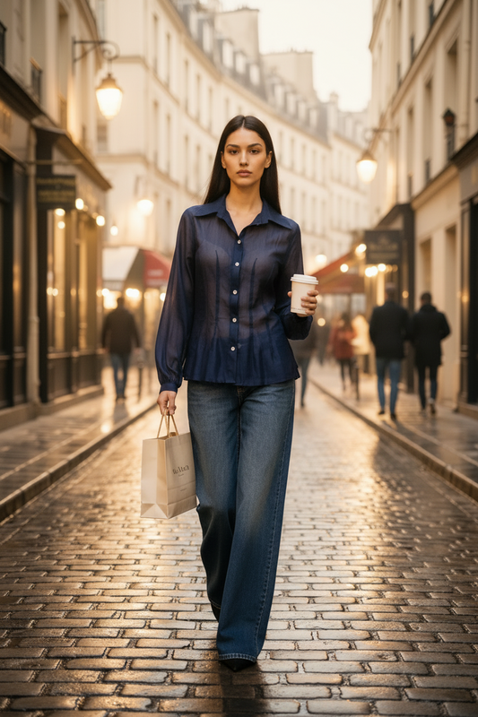 Navy Sheer Blouse Editorial Background